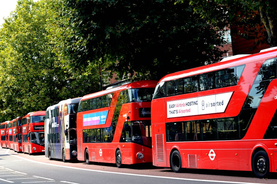 A row of multiple double-decker buses painted predominantly in bright red, parked along a paved street with visible white lane markings. The buses feature large windows on both levels, some of which display advertisements and route information. The bus on the front right has a white and red sign with the logo of London’s Transport for London, and an advertising banner promoting air-sorted hosting services. The scene is set against a background of lush, green leafy trees and a partially visible red brick building on the upper right corner. The natural daylight enhances the vibrancy of the buses' red coloration, and the environment suggests an urban setting with a calm traffic flow. This scene exemplifies typical public transportation infrastructure, which can sometimes be addressed through private waste management or rubbish removal services like Waste Disposal Lambeth, especially in busy city areas requiring regular cleaning and maintenance.
